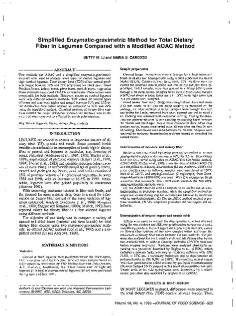 a simplified enzymatic-gravimetric method|Simplified method for determination of total dietary fiber in foods.